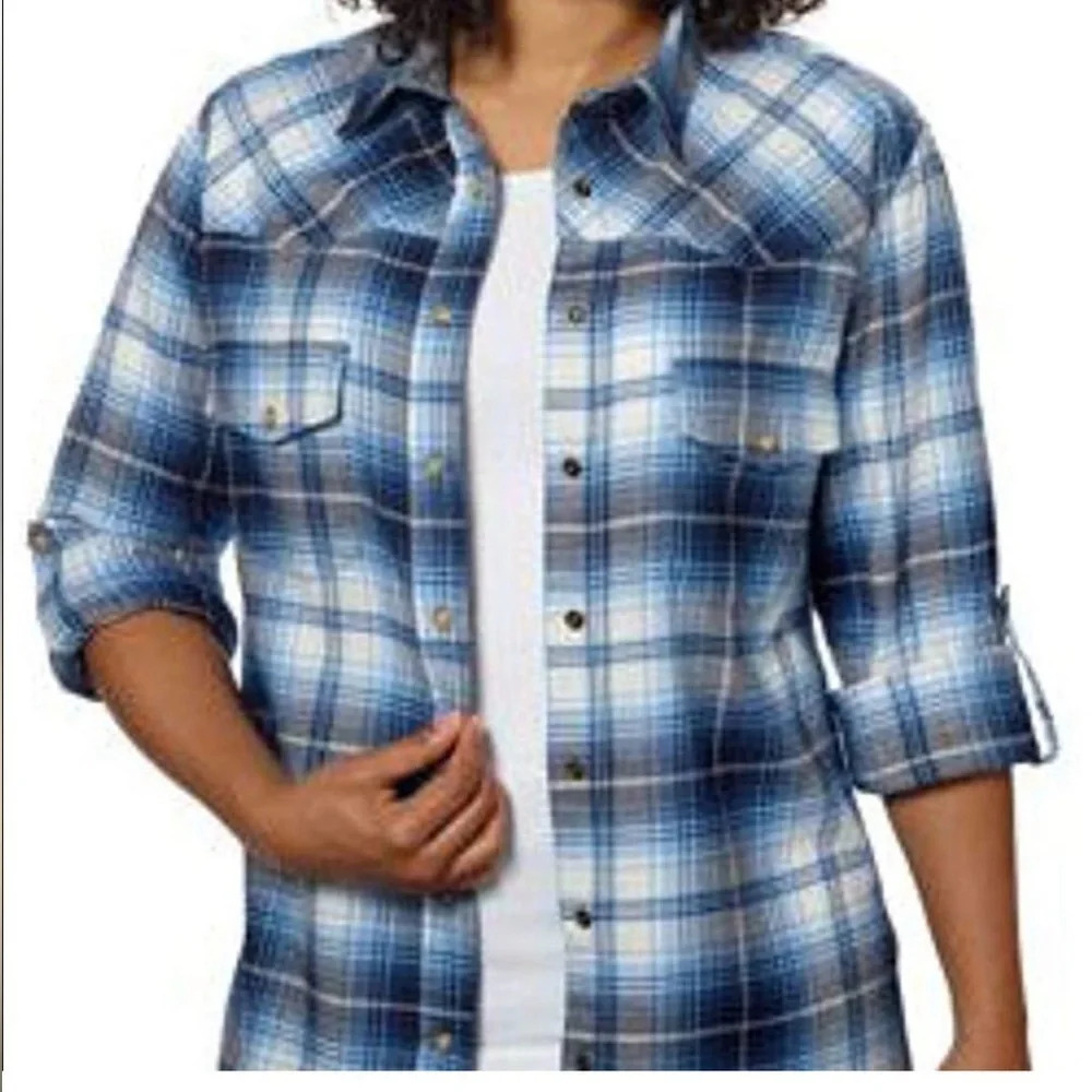 Zachs Girlfriend Bea,XL, blue plaid, paisley print lining pearl snap roll‎ tab